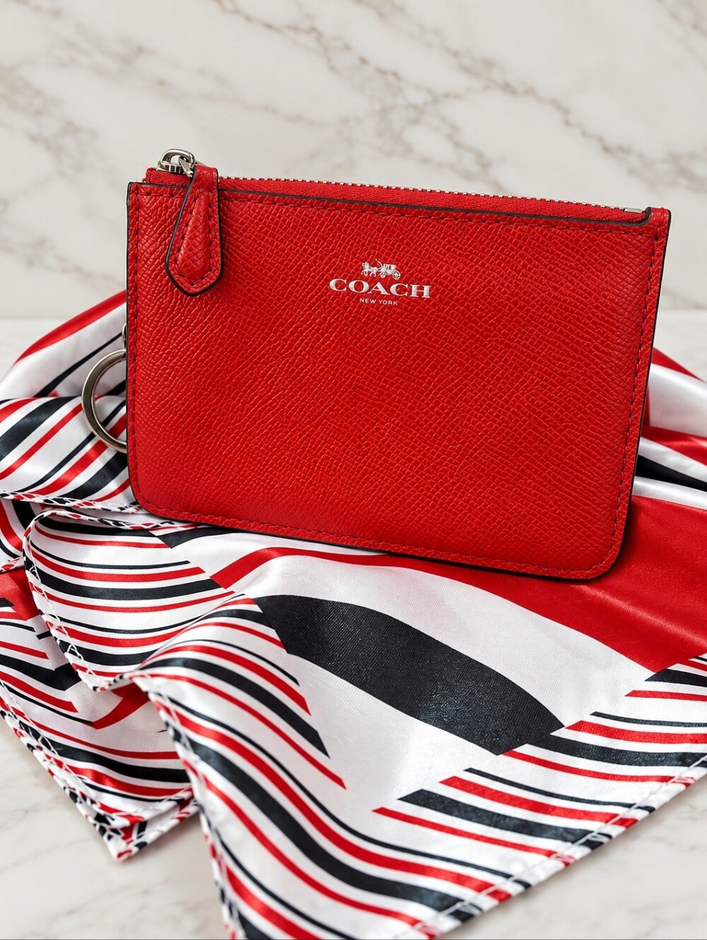 Coach Corner Zip Key Pouch Bright Red Crossgrain Leather + Scarf NWOT